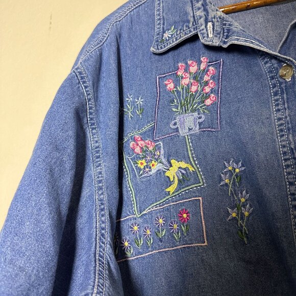 Bobbie Brooks Denim Jean Shirt Button Floral Embroidered Pant Women 26 Pink Boho - Picture 8 of 11